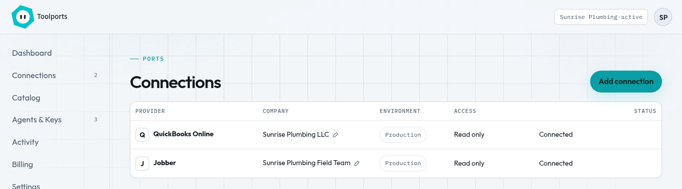 Connections with one QuickBooks Online and one Jobber connection (demo data)
