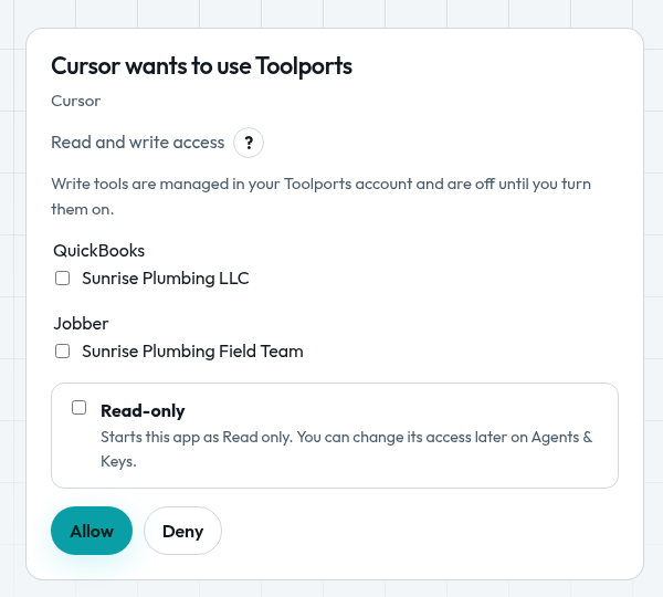 The Toolports sign-in page: pick companies, Read-Only, then Allow or Deny (demo data)